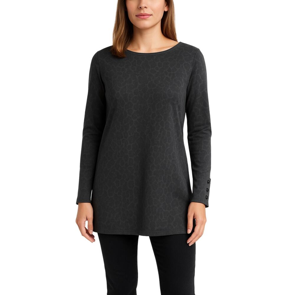 Chico’s 2 L Black Leopard Tunic – Subtle Print, Button Cuffs, Chillcore Fit